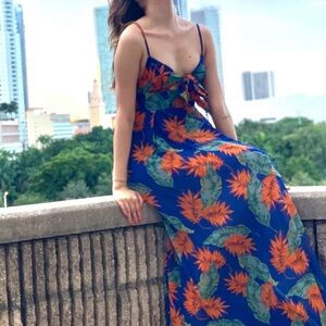 Forever 21 Blue and Orange Leaf Flowy Long Maxi Dress